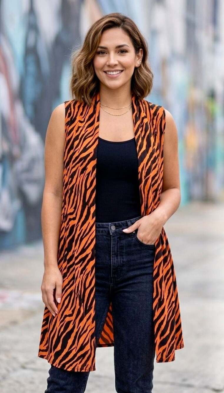 Ronnie Salloway Open Front Tiger Print Sleeveless Duster Vest